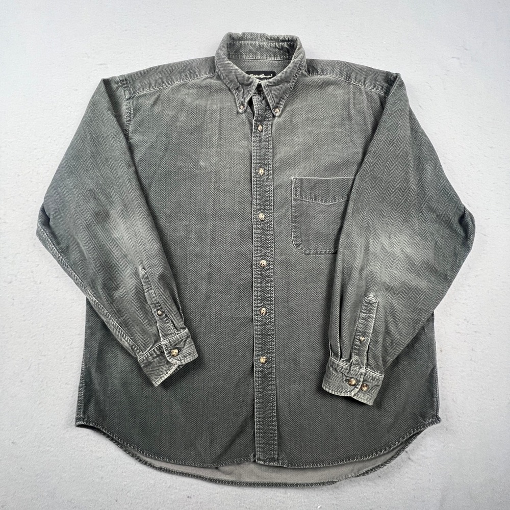 Eddie Bauer Button Down Shirt Mens Large Gray Herringbone Corduroy Long Sleeve